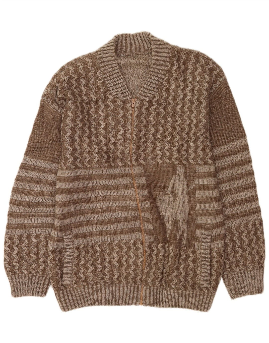 Vintage Mens Graphic Cardigan Sweater Large Brown Patchwork Wool