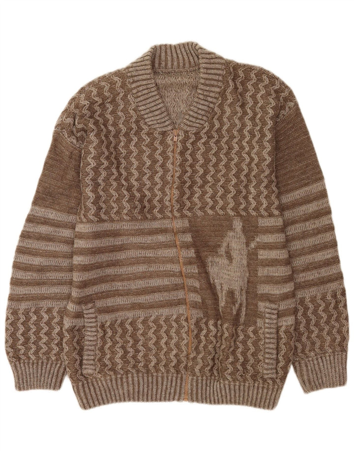 Vintage Mens Graphic Cardigan Sweater Large Brown Patchwork Wool