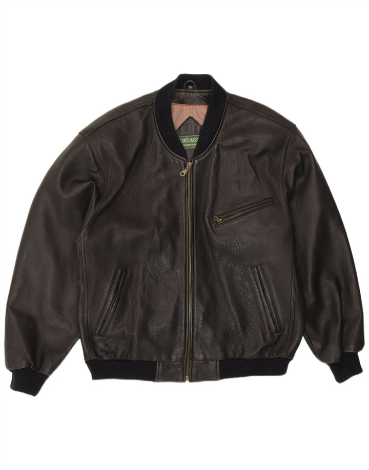 Conte Massimo Mens Loose Fit Bomber Jacket IT 48 Medium Black Leather
