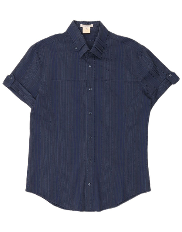 Naracamicie Womens Short Sleeve Shirt UK 18 XL Navy Blue Striped Cotton