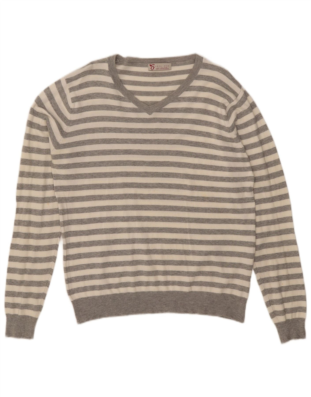 Zara Mens V-Neck Jumper Sweater Large Grey Striped Cotton