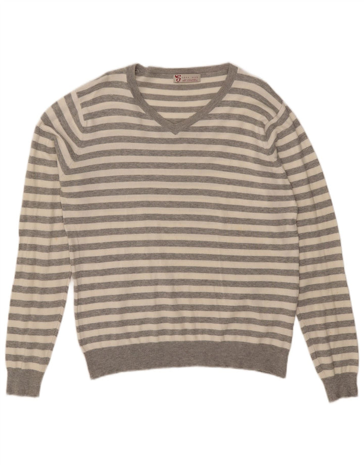 Zara Mens V-Neck Jumper Sweater Large Grey Striped Cotton