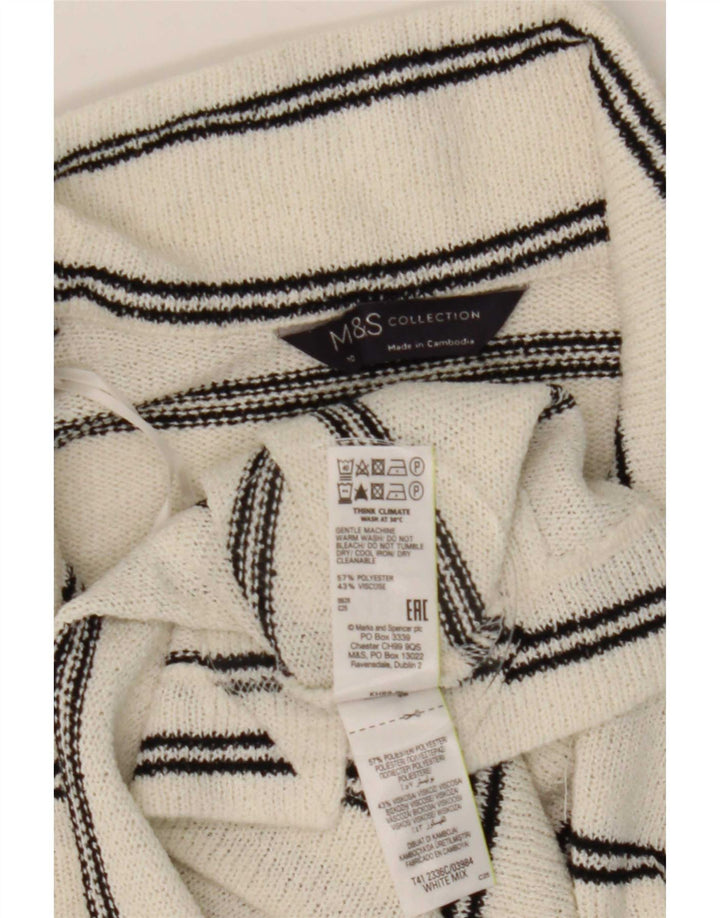 Marks & Spencer Womens Polo Shirt UK 10 Small White Striped Polyester