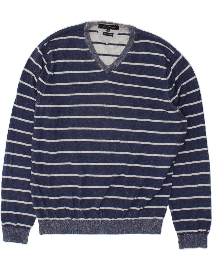 TOMMY HILFIGER Mens V-Neck Jumper Sweater XL Navy Blue Striped Cotton | Vintage Tommy Hilfiger | Thrift | Second-Hand Tommy Hilfiger | Used Clothing | Messina Hembry 