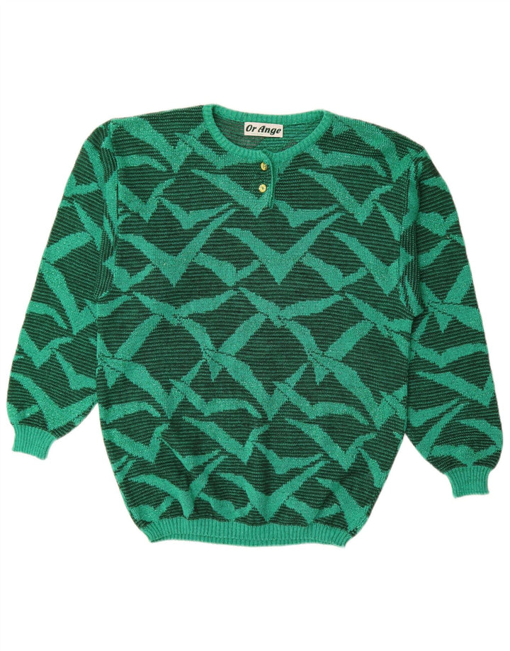 Vintage Womens Abstract Pattern Crew Neck Jumper Sweater UK 16 Large Green