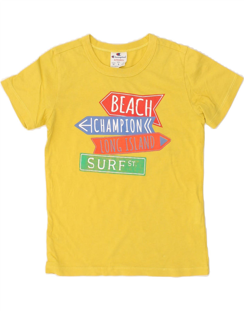 CHAMPION Boys Graphic T-Shirt Top 7-8 Years Small Yellow Cotton | Vintage Champion | Thrift | Second-Hand Champion | Used Clothing | Messina Hembry 