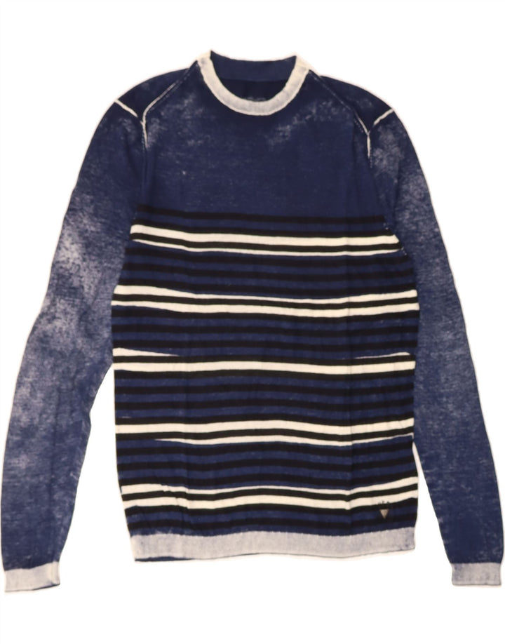 GUESS Mens Crew Neck Jumper Sweater Small Navy Blue Striped Cotton Vintage Guess and Second-Hand Guess from Messina Hembry 