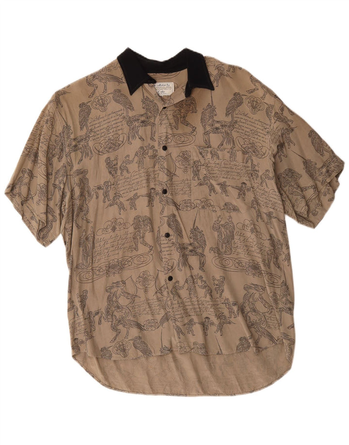 Vintage Mens Abstract Pattern Short Sleeve Shirt Large Grey Cotton