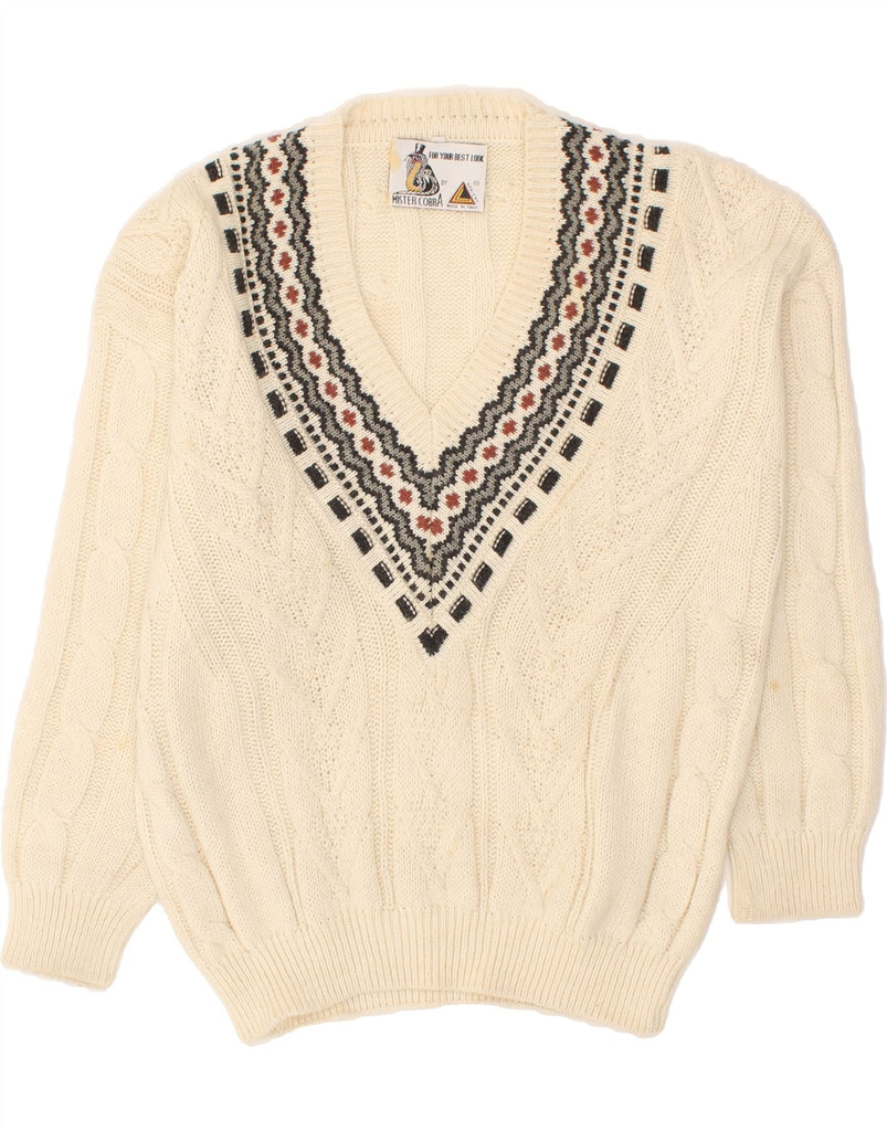 VINTAGE Womens V-Neck Jumper Sweater UK 14 Medium Beige Wool | Vintage Vintage | Thrift | Second-Hand Vintage | Used Clothing | Messina Hembry 