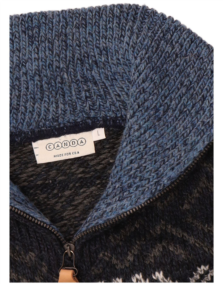CANDA Mens Zip Neck Jumper Sweater Large Navy Blue Fair Isle Acrylic