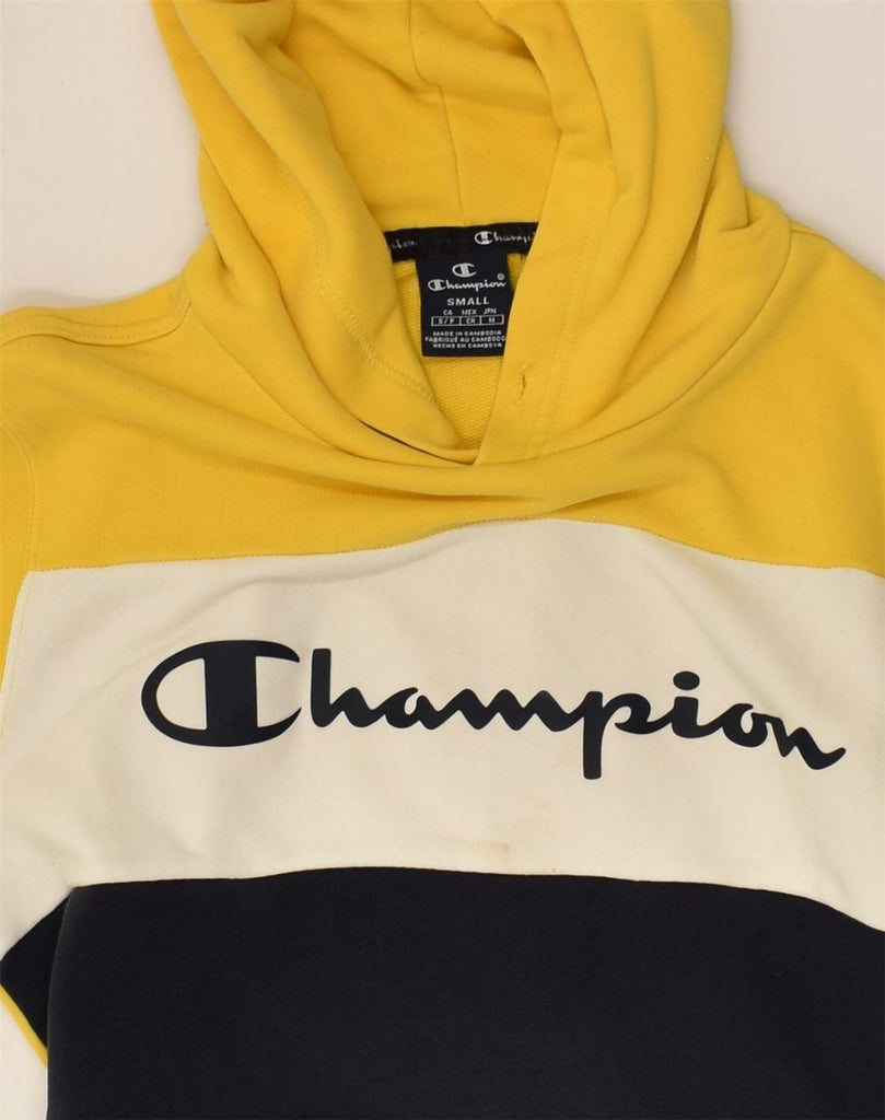 CHAMPION Mens Graphic Hoodie Jumper Small Yellow Colourblock | Vintage Champion | Thrift | Second-Hand Champion | Used Clothing | Messina Hembry 