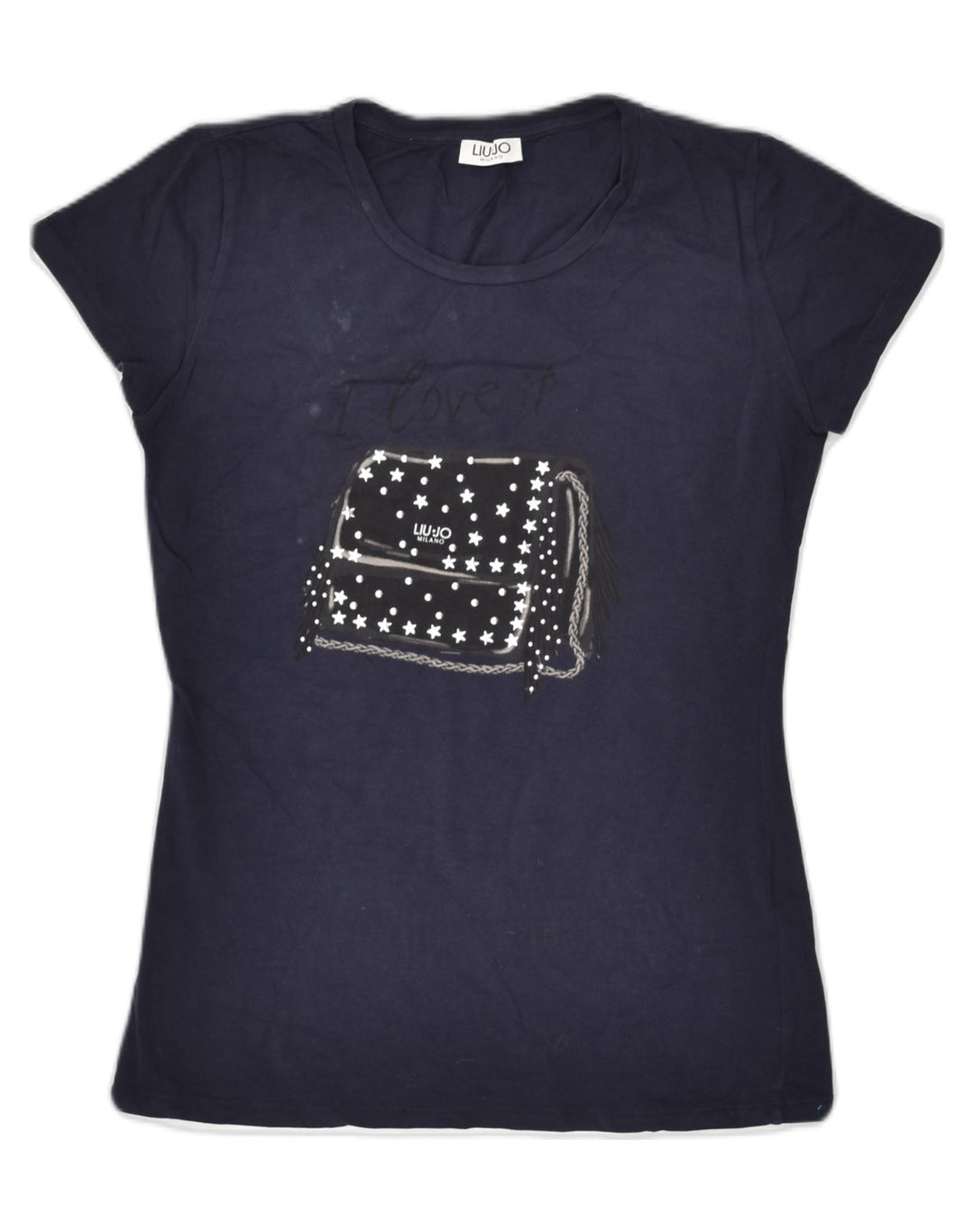 LIU JO Womens Graphic T-Shirt Top UK 10 Small Navy Blue Cotton | Vintage Liu Jo | Thrift | Second-Hand Liu Jo | Used Clothing | Messina Hembry 