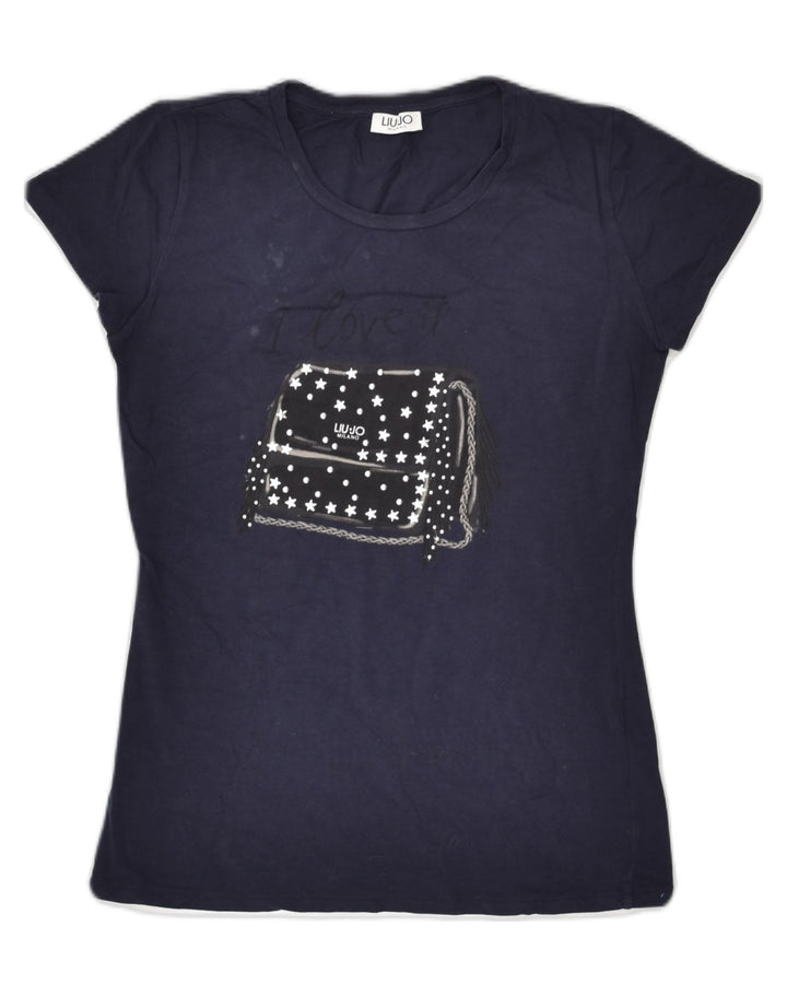 LIU JO Womens Graphic T-Shirt Top UK 10 Small Navy Blue Cotton | Vintage Liu Jo | Thrift | Second-Hand Liu Jo | Used Clothing | Messina Hembry 