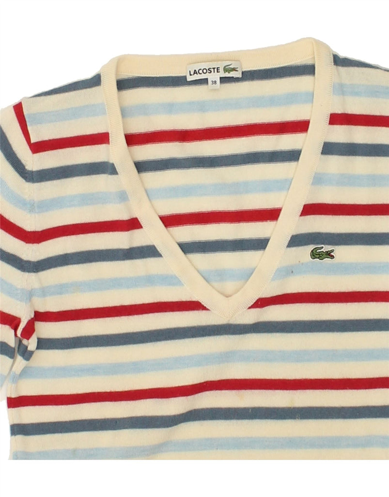 LACOSTE Womens V-Neck Jumper Sweater Size 38 Medium Multicoloured Striped | Vintage Lacoste | Thrift | Second-Hand Lacoste | Used Clothing | Messina Hembry 