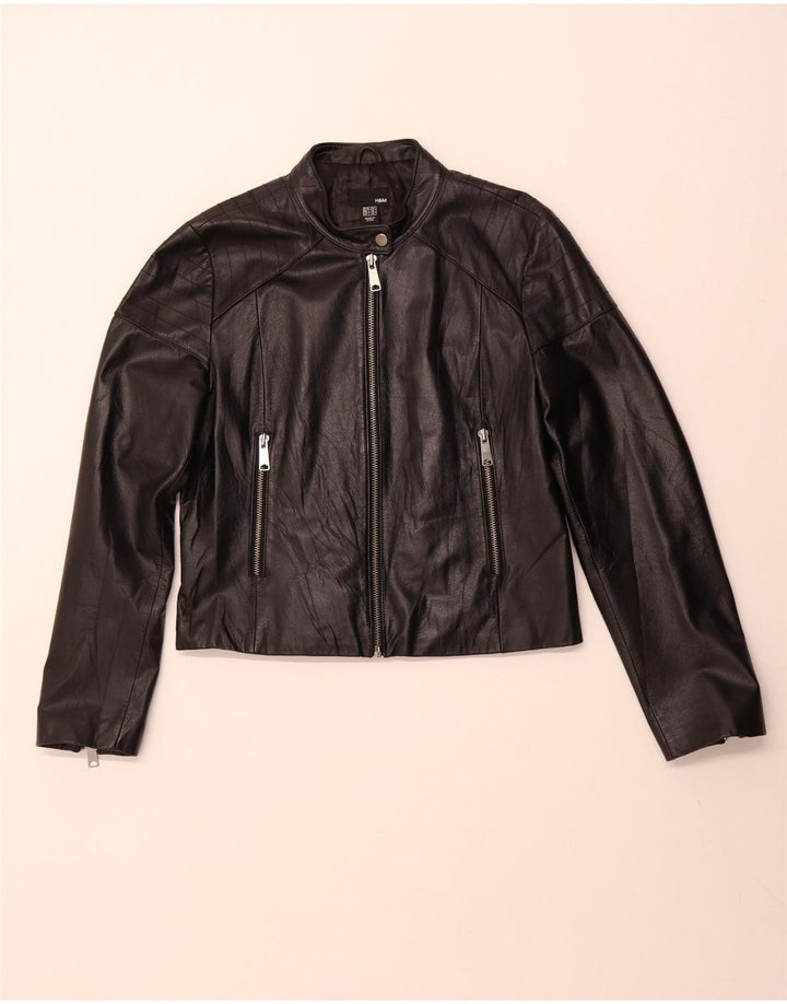 H&M Womens Crop Leather Jacket UK 16 Large Black Leather