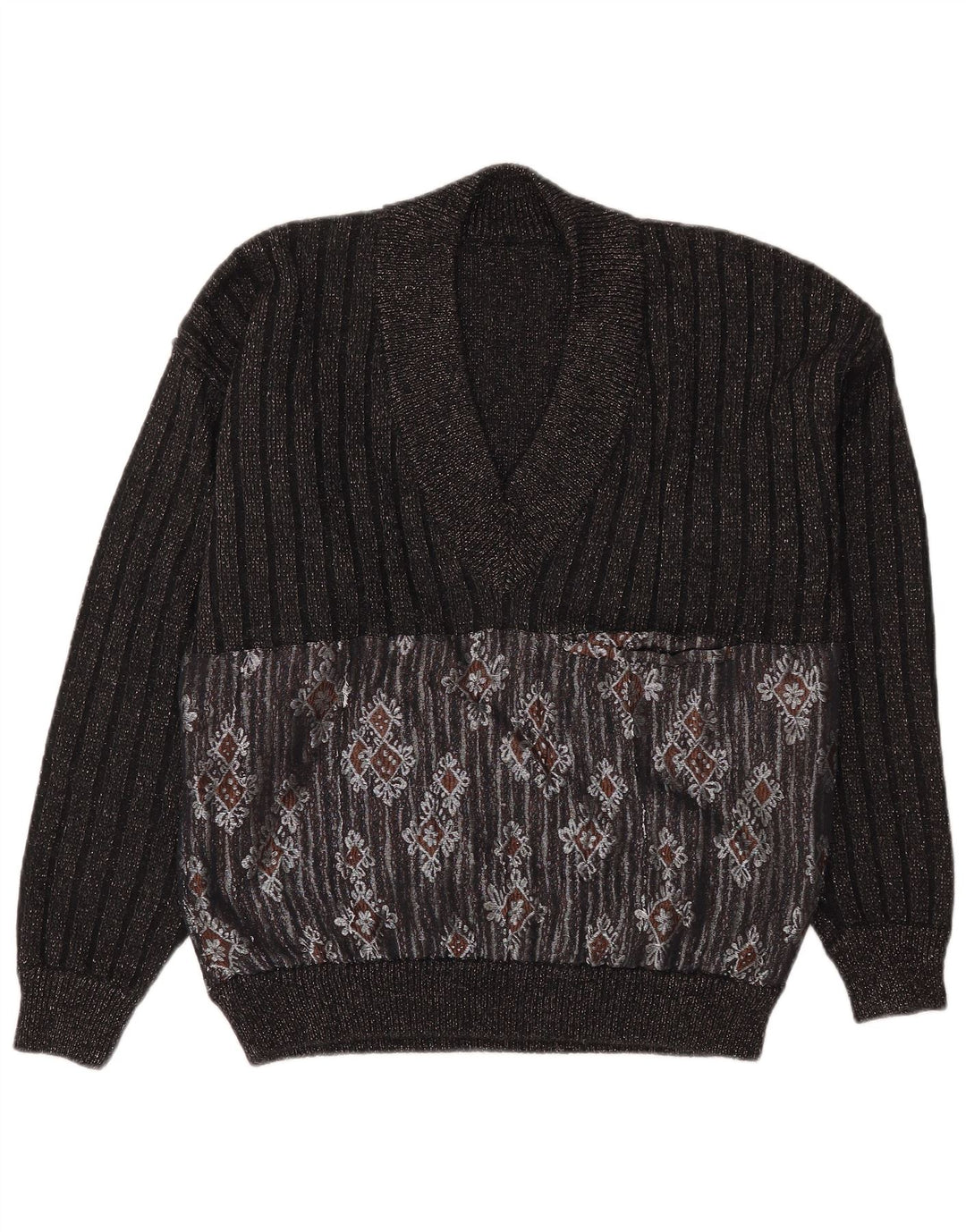 Vintage Mens V-Neck Jumper Sweater Large Black Fair Isle