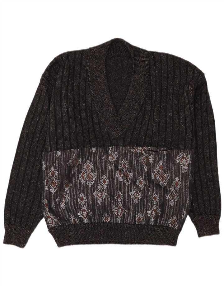 Vintage Mens V-Neck Jumper Sweater Large Black Fair Isle