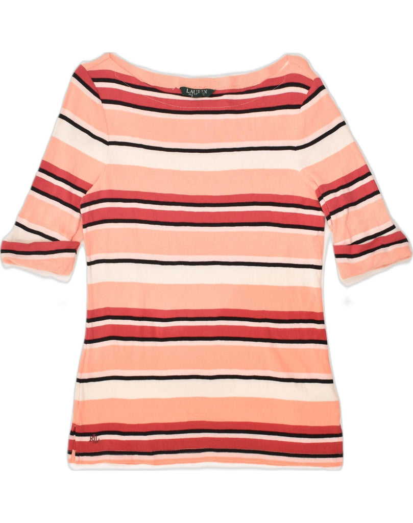 RALPH LAUREN Womens Top 3/4 Sleeve UK 12 Medium Pink Striped Cotton | Vintage Ralph Lauren | Thrift | Second-Hand Ralph Lauren | Used Clothing | Messina Hembry 