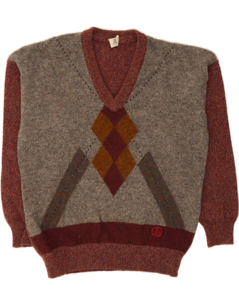 LANCETTI Mens V-Neck Jumper Sweater Large Grey Colourblock Wool Vintage Lancetti and Second-Hand Lancetti from Messina Hembry 