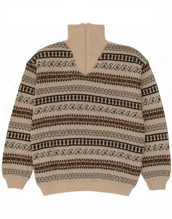 Vintage Mens Zip Neck Jumper Sweater IT 54 XL Beige Geometric Acrylic
