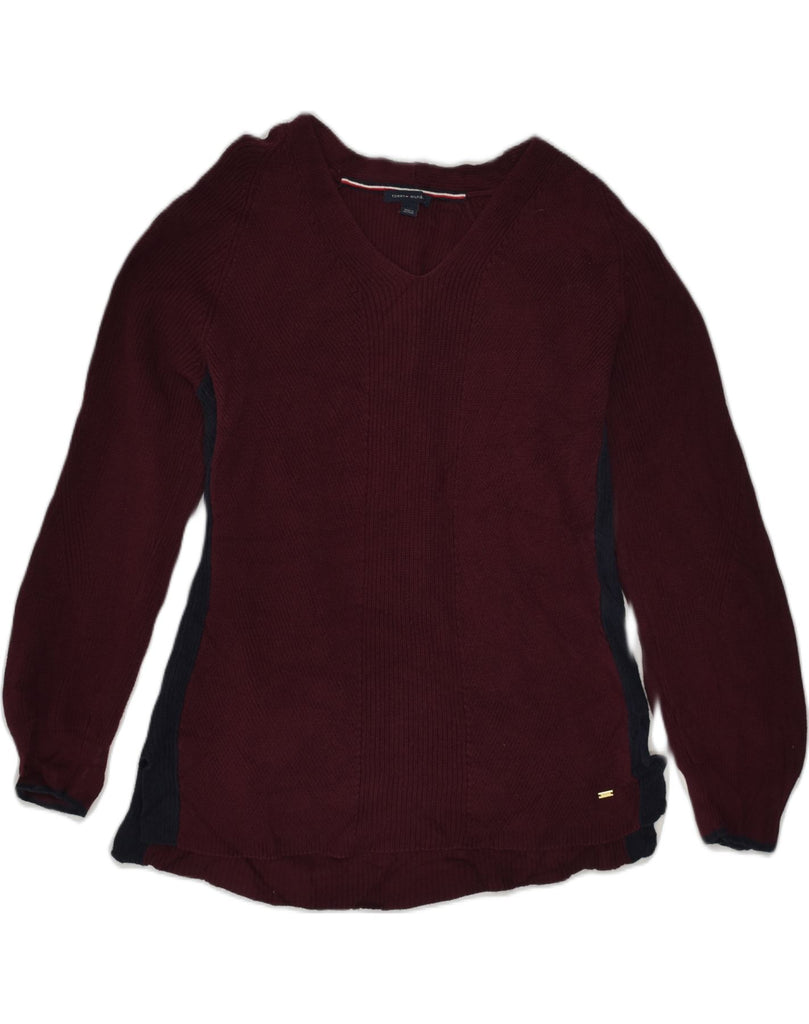 TOMMY HILFIGER Womens V-Neck Jumper Sweater UK 14 Large Maroon Cotton | Vintage Tommy Hilfiger | Thrift | Second-Hand Tommy Hilfiger | Used Clothing | Messina Hembry 