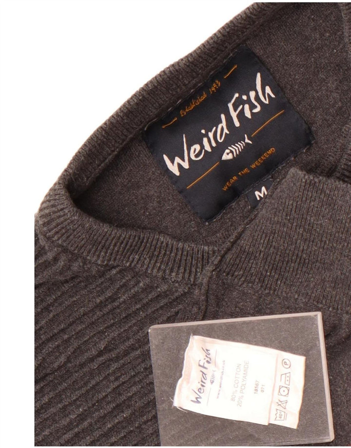 Weird Fish Womens Crew Neck Jumper Sweater UK 14 Medium Grey Striped Cotton
