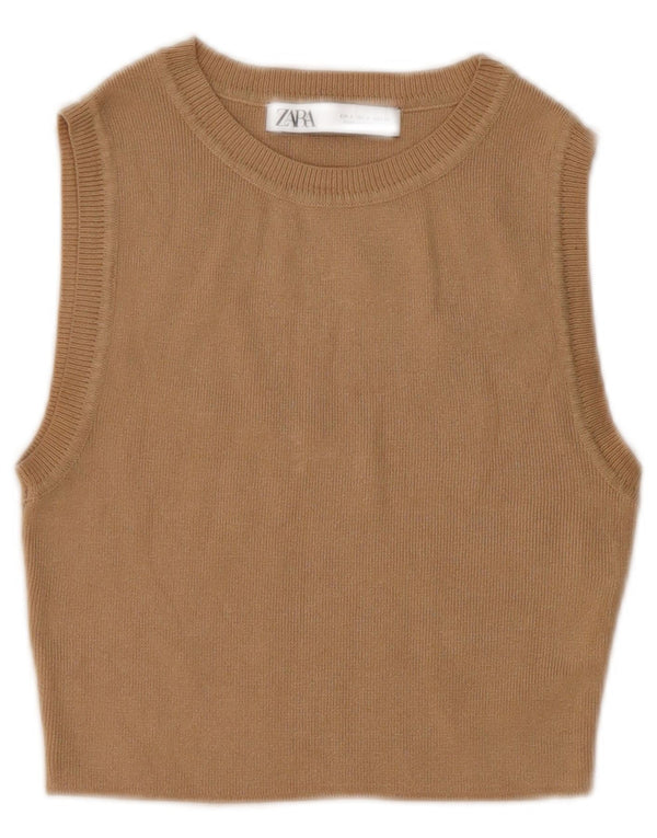 Zara Womens Crop Vest Top UK 8 Small Beige Viscose