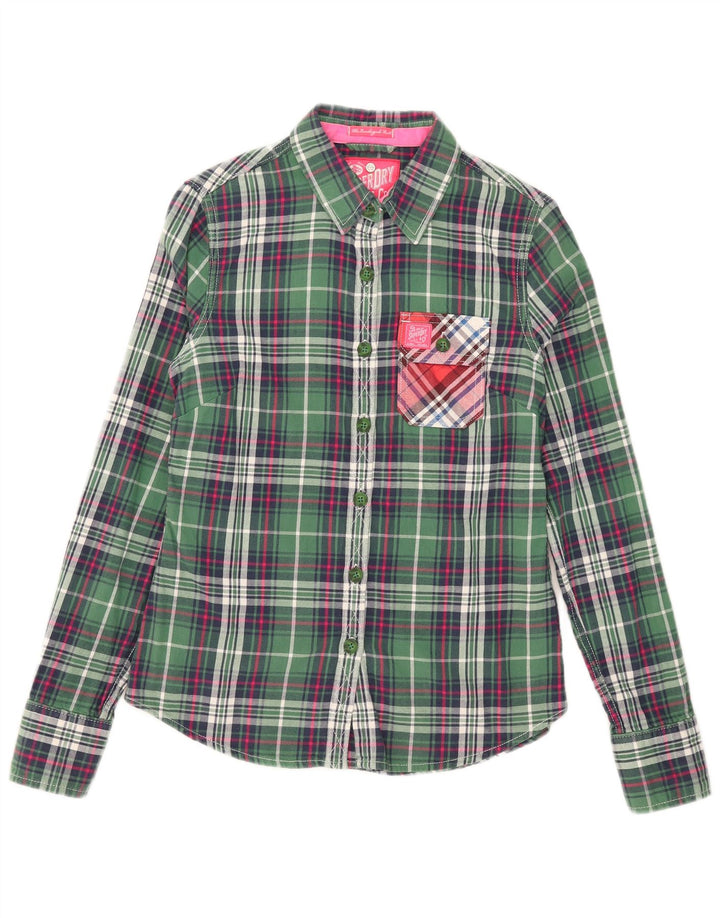 Superdry Womens Flannel Shirt UK 10 Small Green Check Cotton
