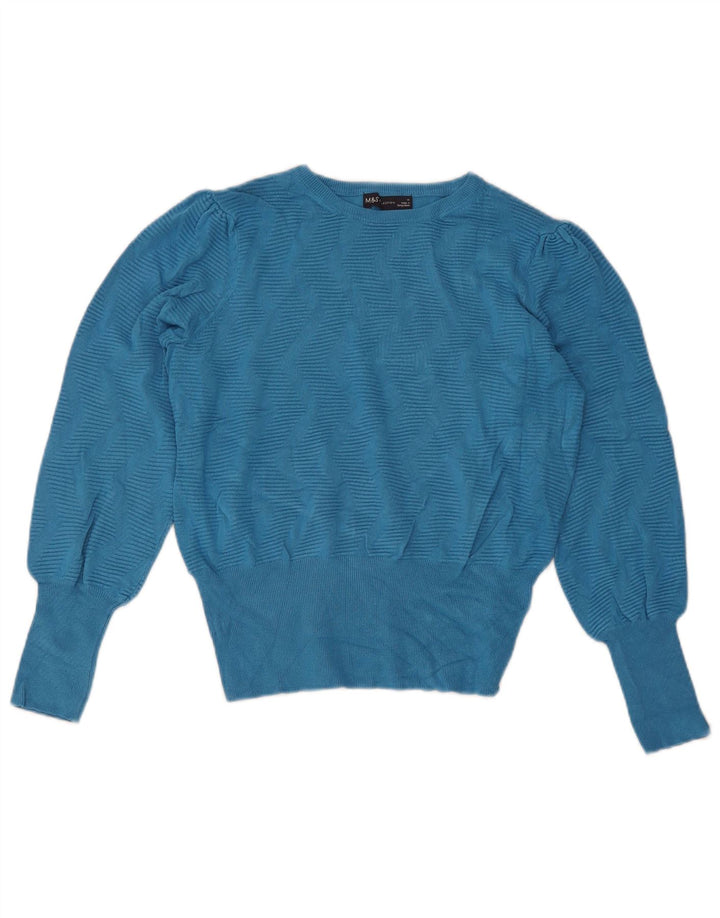Marks & Spencer Womens Crew Neck Jumper Sweater UK 14 Medium Blue Geometric