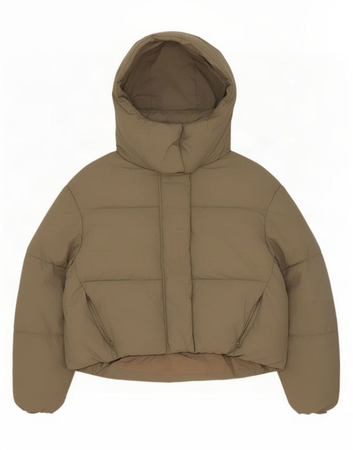 Zara Womens Hooded Oversized Padded Jacket UK 6 XS Khaki Polyester