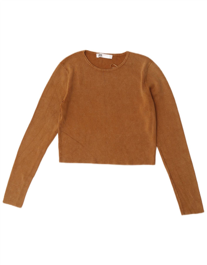 Zara Womens Crop Top Long Sleeve UK 14 Large Beige