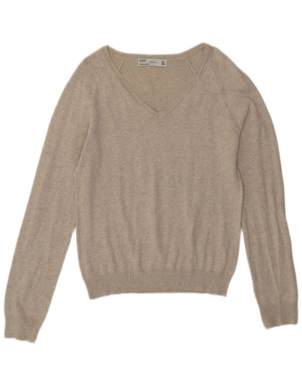 Zara Womens V-Neck Jumper Sweater UK 14 Large Beige