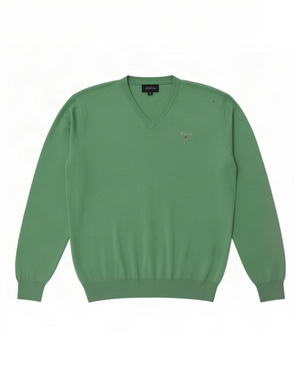 Gant Mens V-Neck Jumper Sweater Large Green Cotton