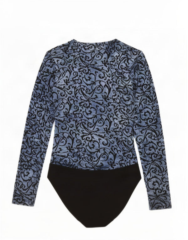 Vintage Womens Long Sleeve Bodysuit UK 10 Small Blue Paisley