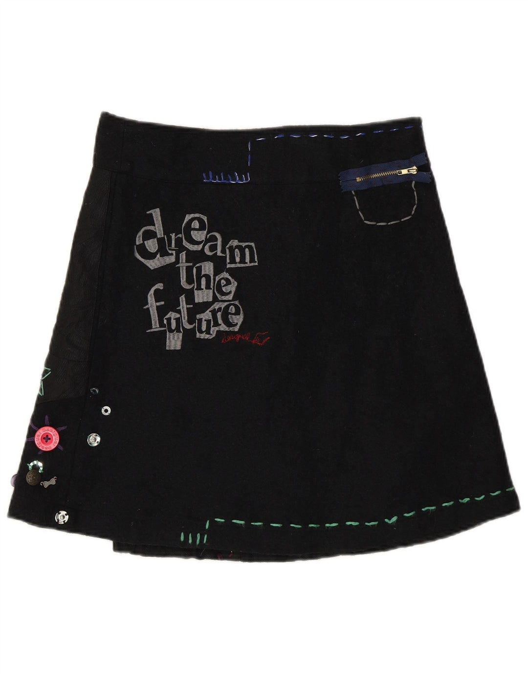 Desigual Womens Graphic Wrap Skirt EU 38 Medium W30  Black