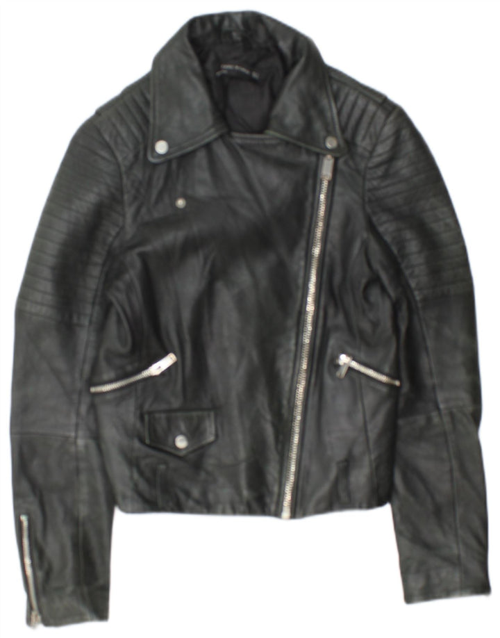 Zara Womens Crop Leather Biker Jacket UK 12 Medium Black