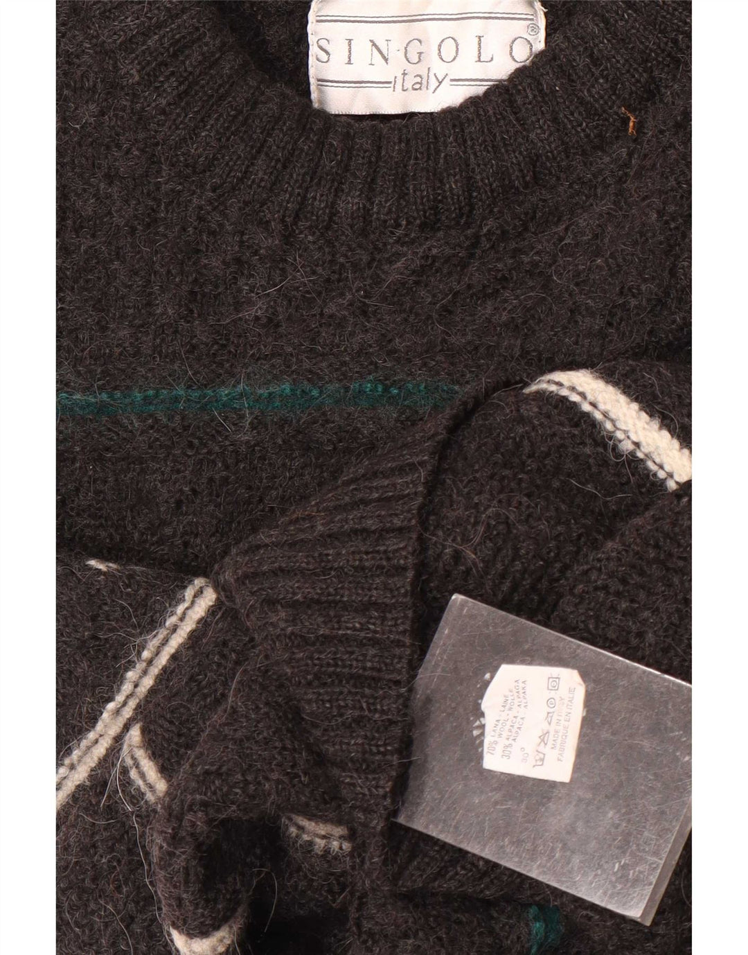 Vintage Mens Crew Neck Jumper Sweater Medium Grey Striped Wool