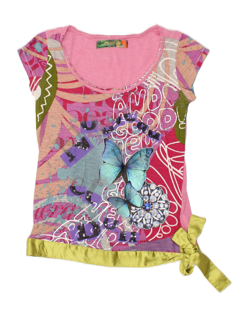 DESIGUAL Womens Graphic Blouse Top UK 10 Small Pink Floral Butterfly | Vintage Desigual | Thrift | Second-Hand Desigual | Used Clothing | Messina Hembry 