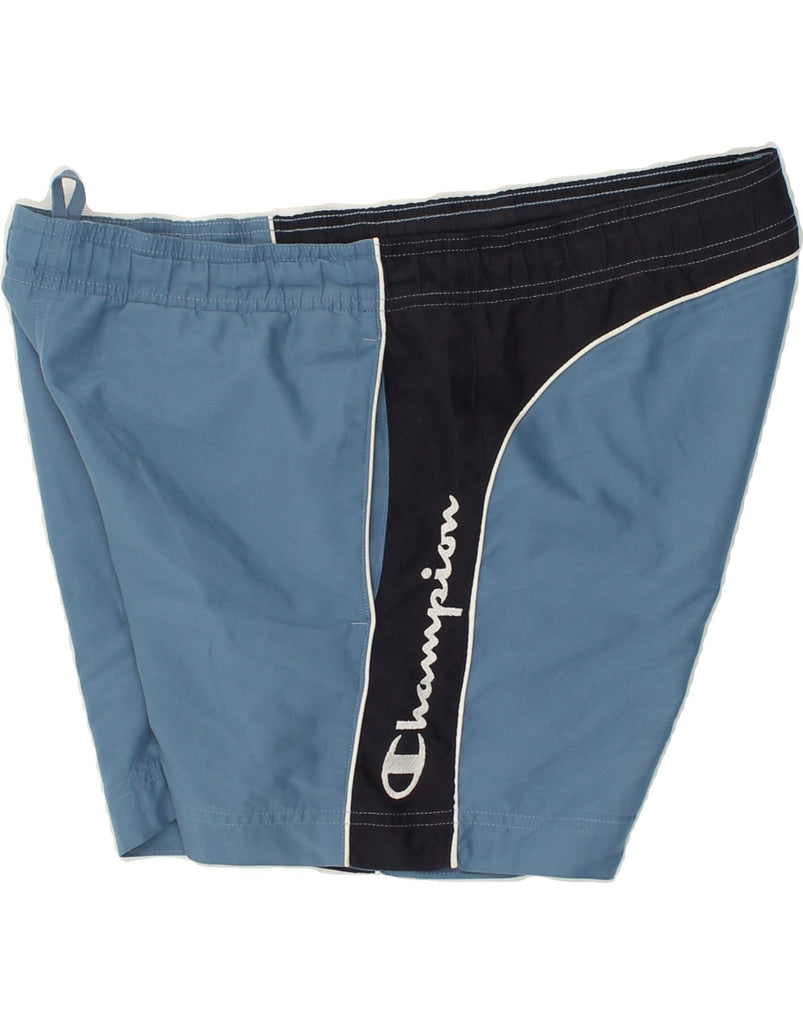 CHAMPION Mens Graphic Sport Shorts Medium Blue Colourblock Polyester | Vintage Champion | Thrift | Second-Hand Champion | Used Clothing | Messina Hembry 