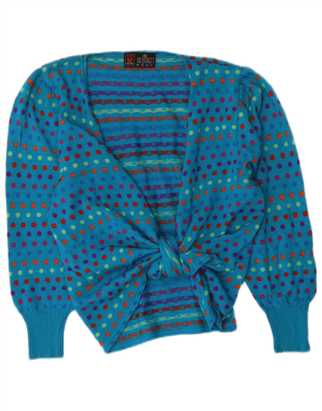 Stefanel Womens Front Tie Cardigan Sweater UK 16 Large Blue Polka Dot Wool