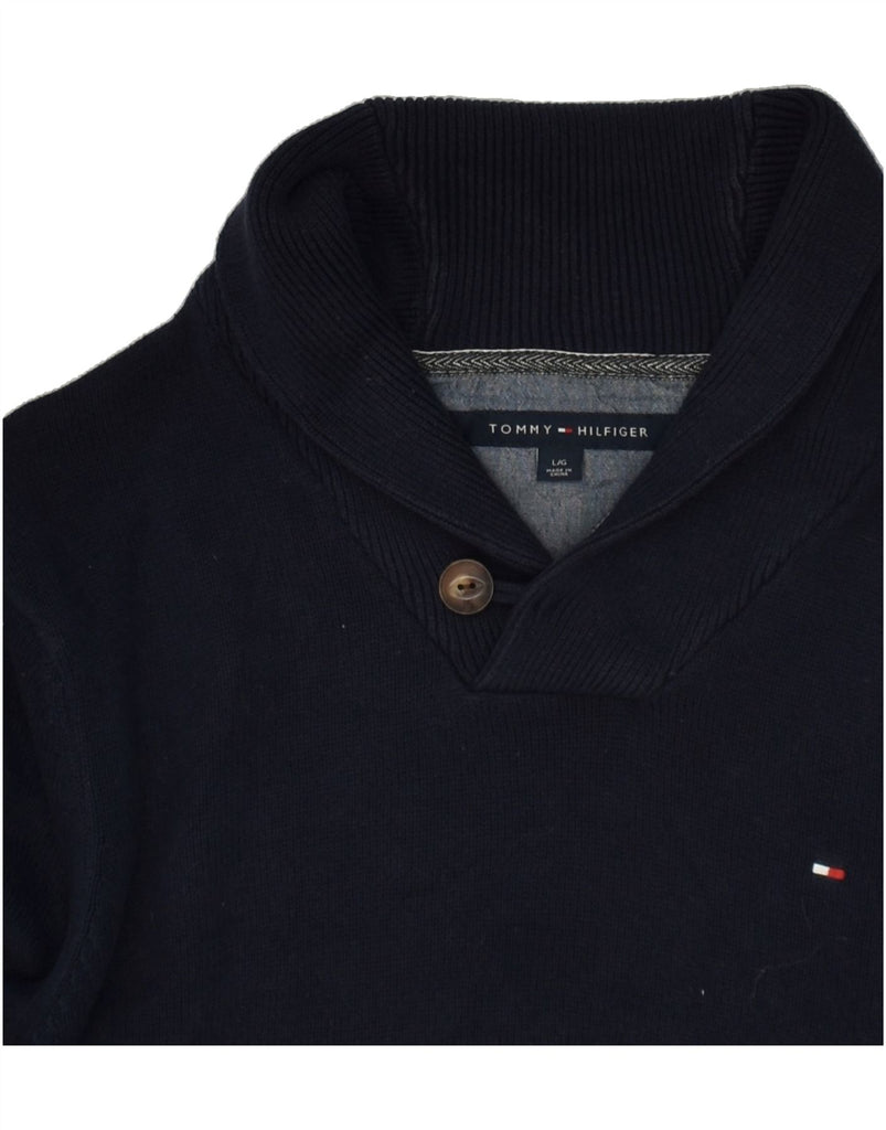 TOMMY HILFIGER Mens Shawl Neck Jumper Sweater Large Navy Blue Cotton | Vintage Tommy Hilfiger | Thrift | Second-Hand Tommy Hilfiger | Used Clothing | Messina Hembry 