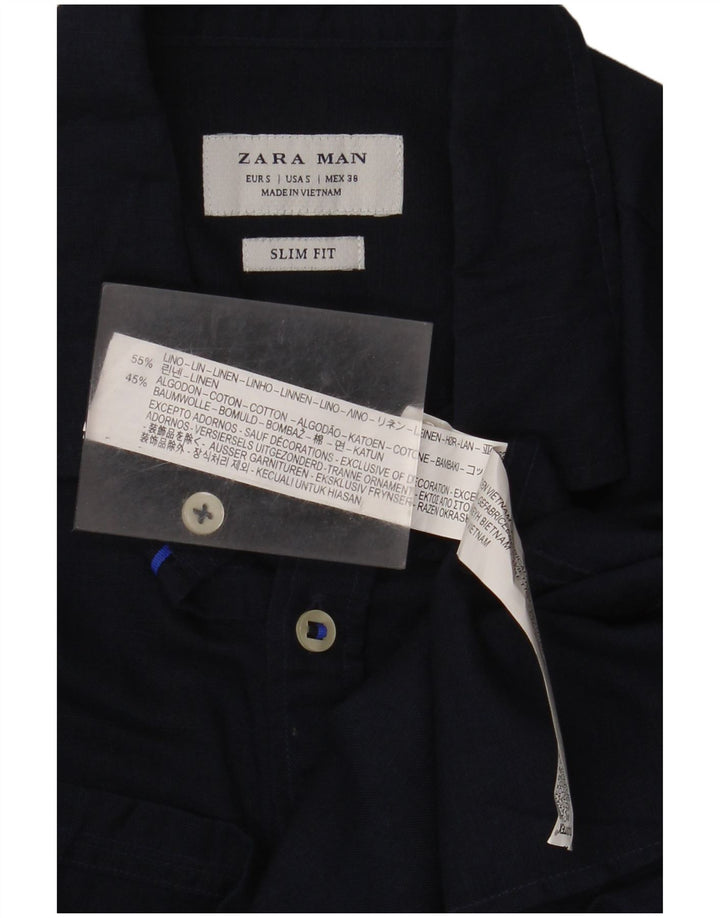 Zara Mens Slim Fit Shirt Small Navy Blue Linen