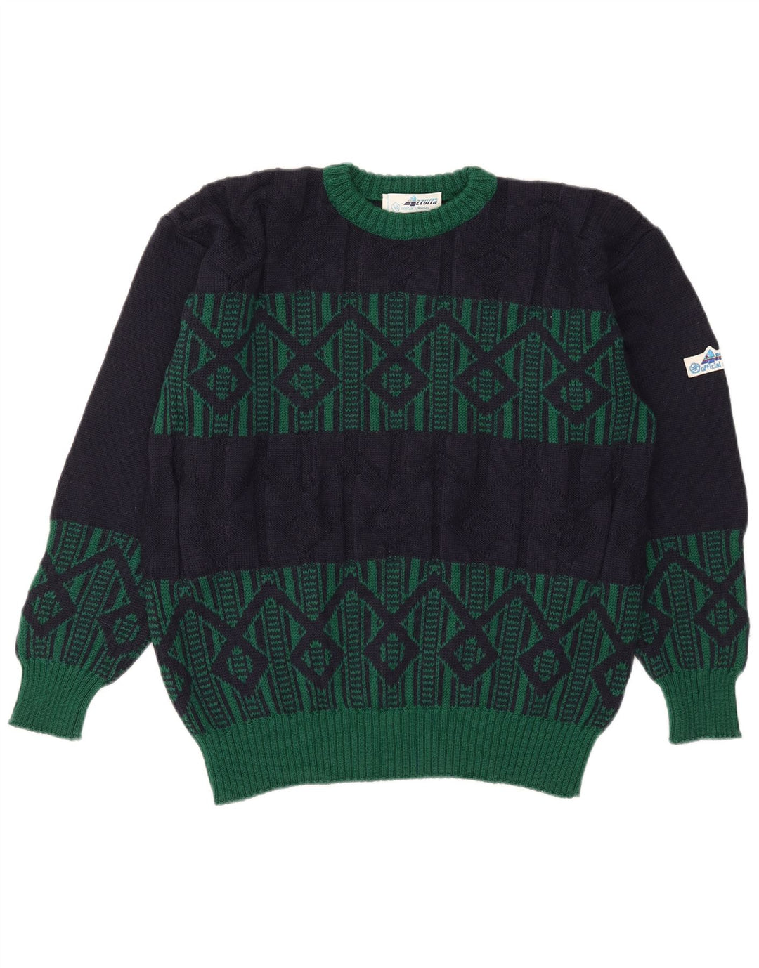 Azzurra Mens Crew Neck Jumper Sweater IT 50 Medium Navy Blue Geometric