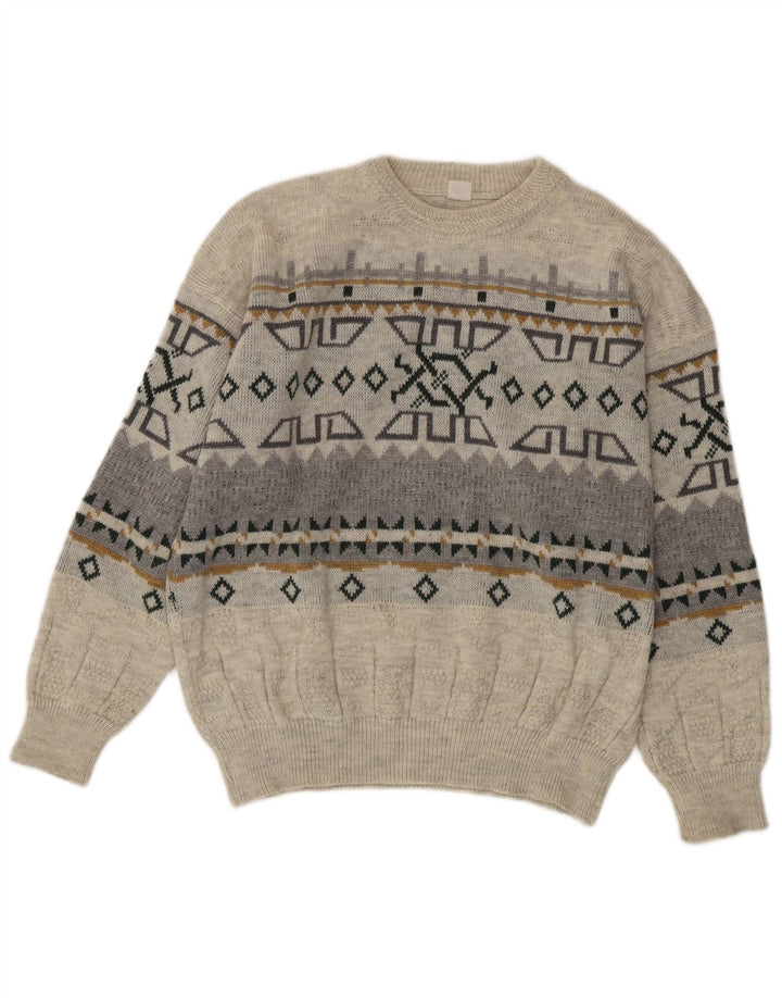 Vintage Mens Crew Neck Jumper Sweater IT 50 Medium Grey Geometric Acrylic