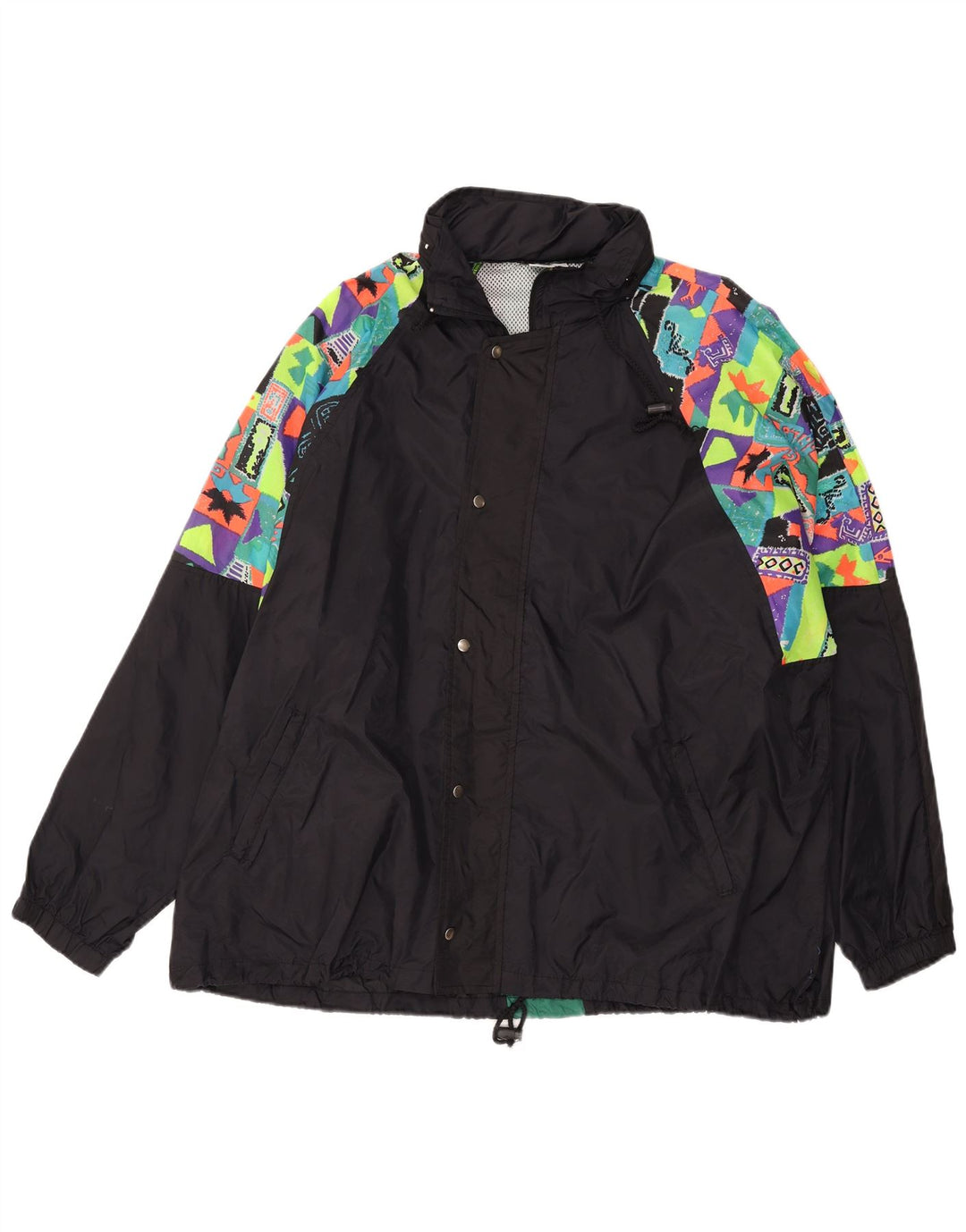 VINTAGE Mens Hooded Rain Jacket UK 44 2XL Black Geometric