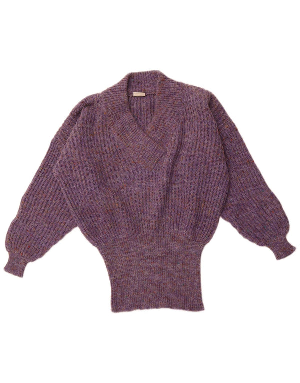 VINTAGE Womens Oversized V-Neck Jumper Sweater UK 16 Large Purple Flecked