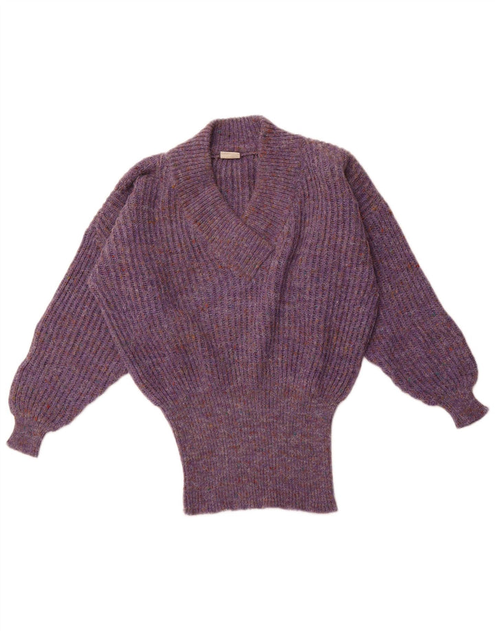 VINTAGE Womens Oversized V-Neck Jumper Sweater UK 16 Large Purple Flecked