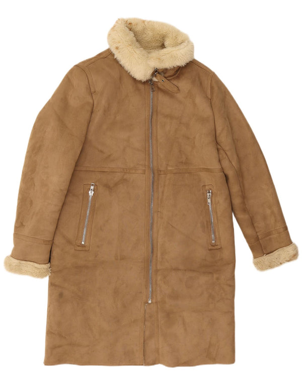 Zara Womens Sherpa Overcoat UK 14 Medium Beige Polyester