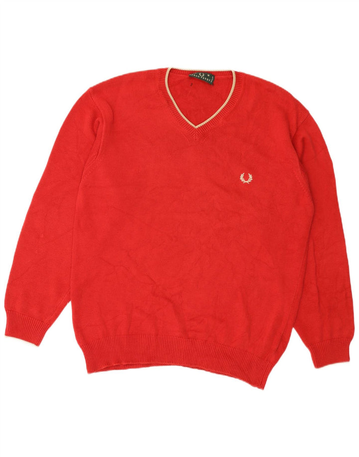 Fred Perry Mens V-Neck Jumper Sweater Medium Red Cotton