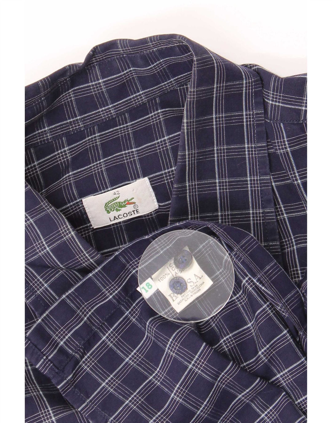 Lacoste Mens Shirt Size 42 Large Navy Blue Check Cotton